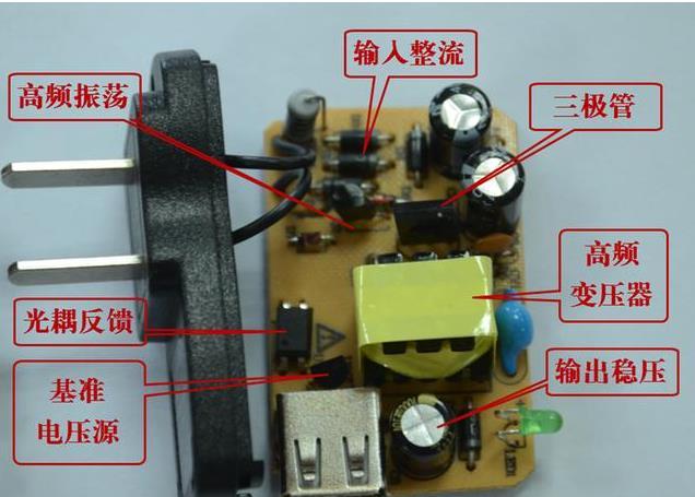 拆开一个手机充电器,我们可以看到pcb电路板上有很多的电子元器件